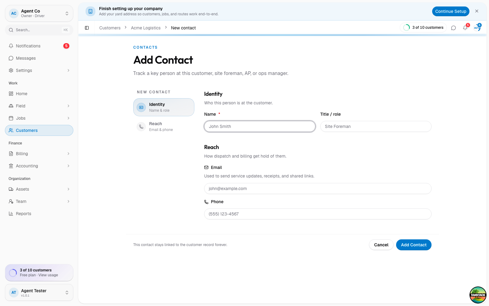 The Add Contact page asking for a name, title, email, and phone