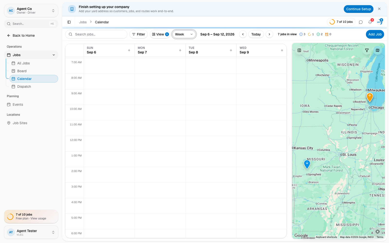 The Calendar view in Week mode, laying jobs out on a time grid across the days of the week