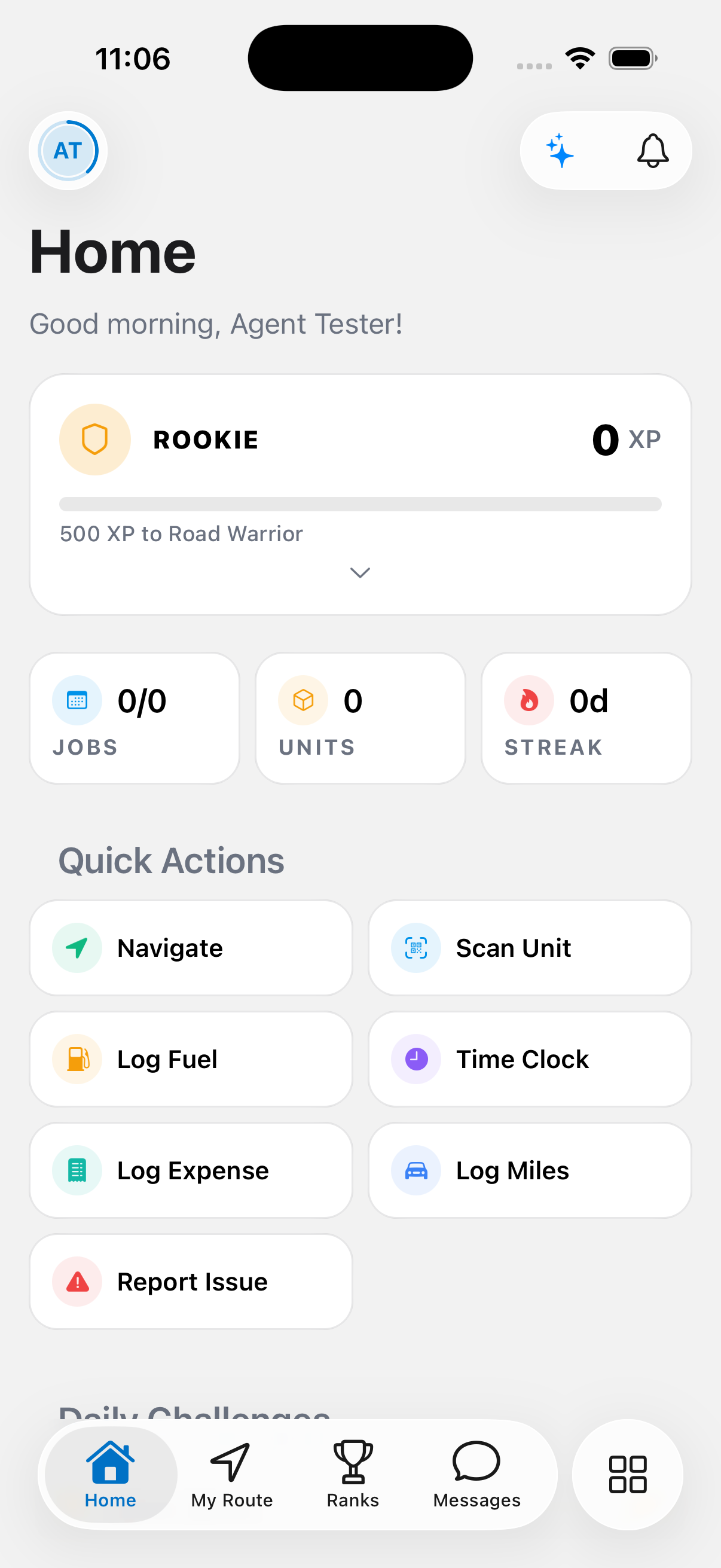 The Home screen shows your rank card with XP progress, a stats row, and the Quick Actions grid including Scan Unit, Log Fuel, and Time Clock