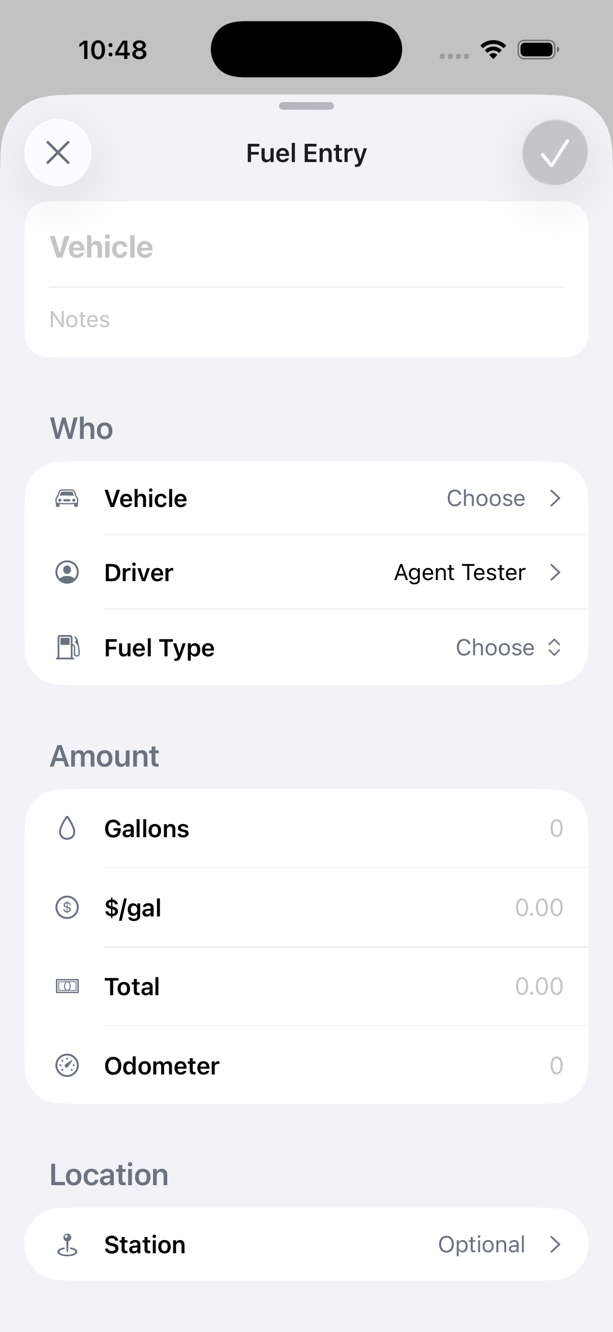 The Log Fuel form has fields for gallons, cost per gallon, odometer, and an optional receipt photo