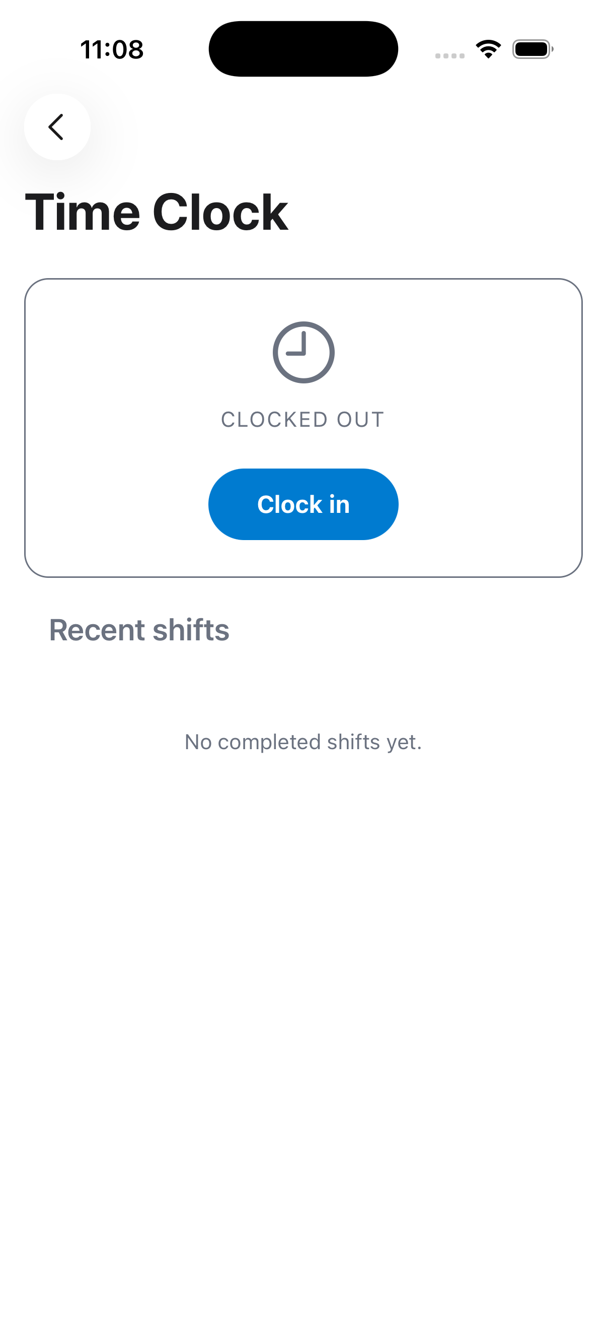 The Time Clock screen shows Clocked Out status with a Clock in button and a Recent shifts list
