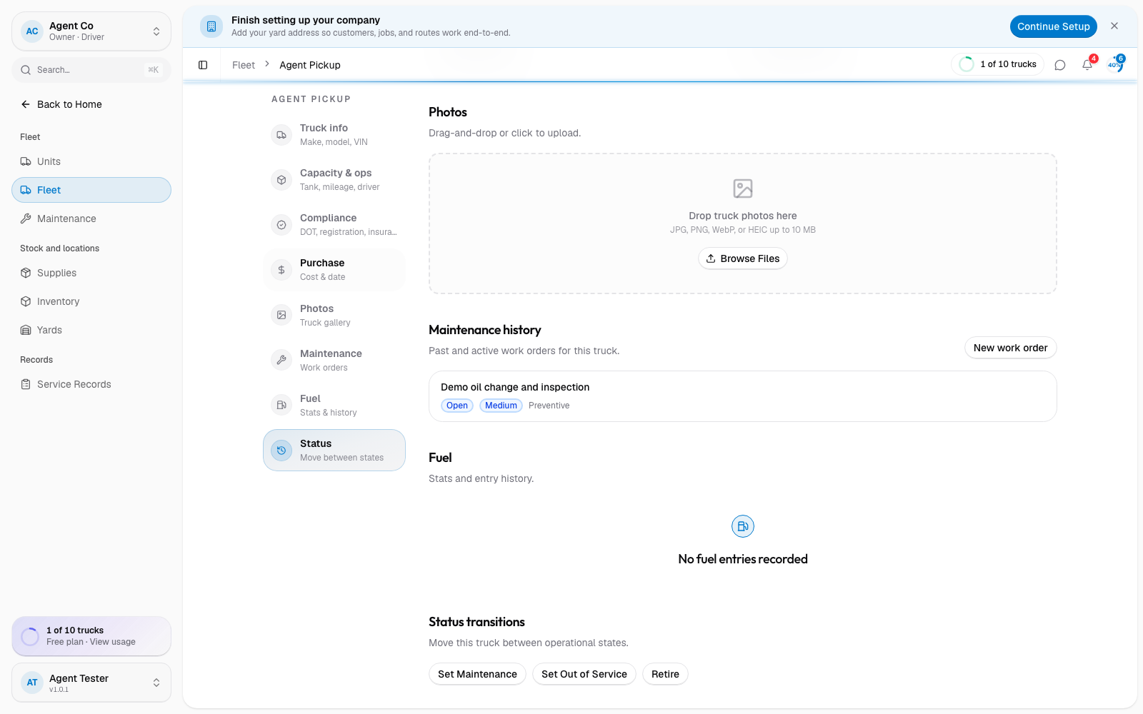 The vehicle detail page's Status section with Set Maintenance, Set Out of Service, and Retire buttons