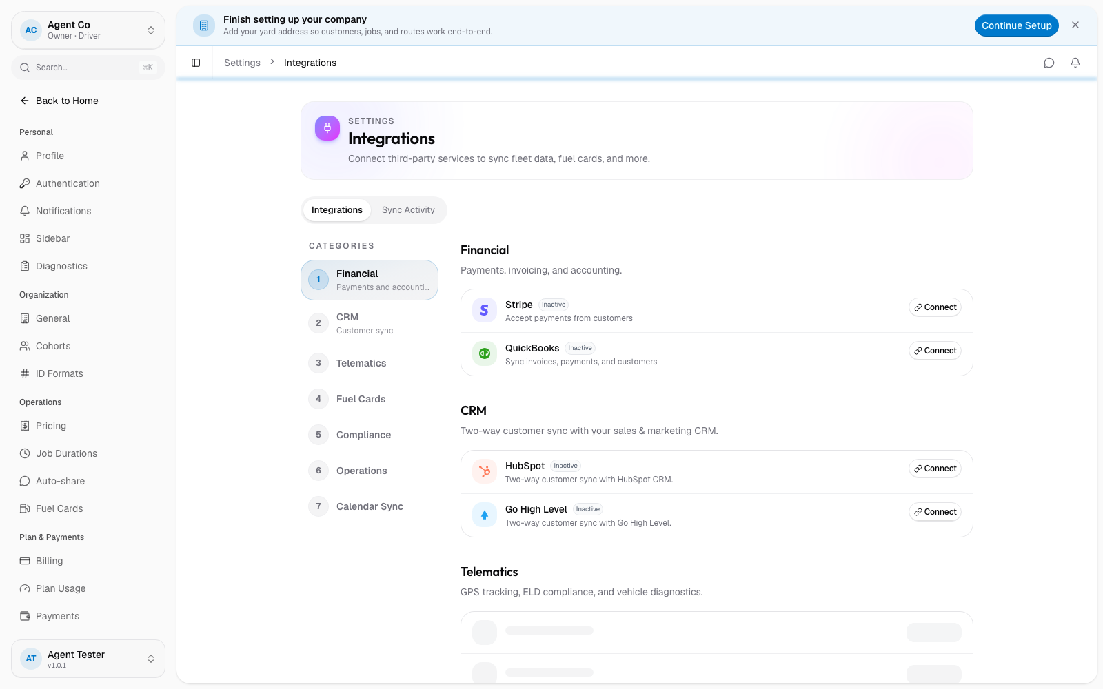 The Financial category on Settings → Integrations showing the QuickBooks card as Inactive with a Connect button