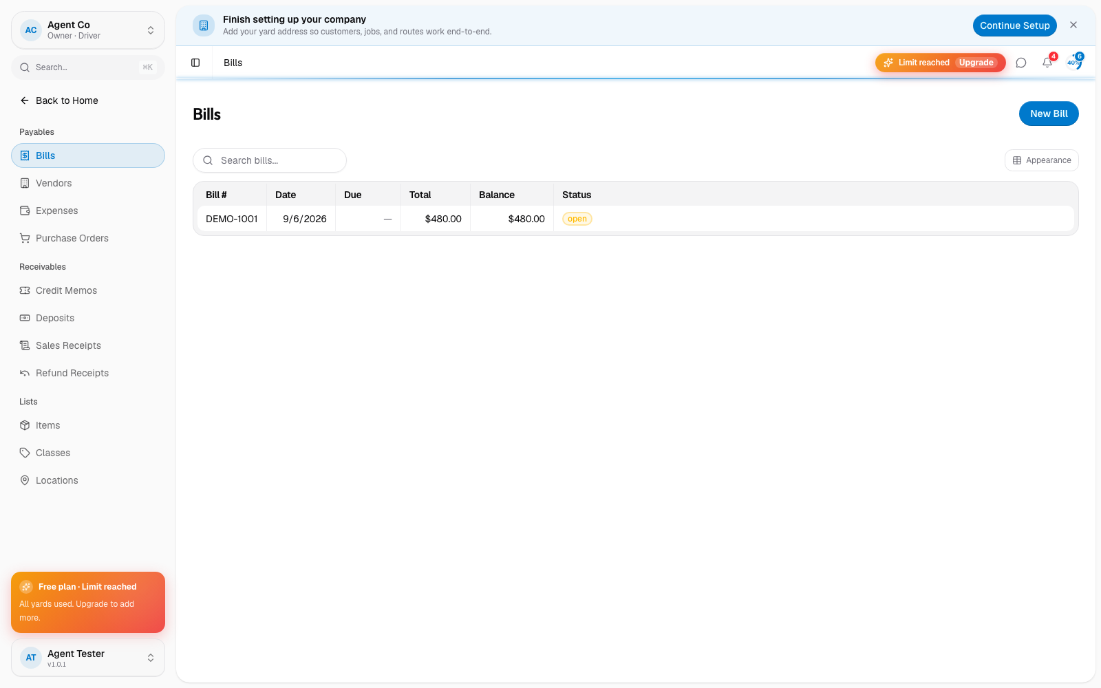 The Bills list showing bill DEMO-1001 for $480.00 with an open status