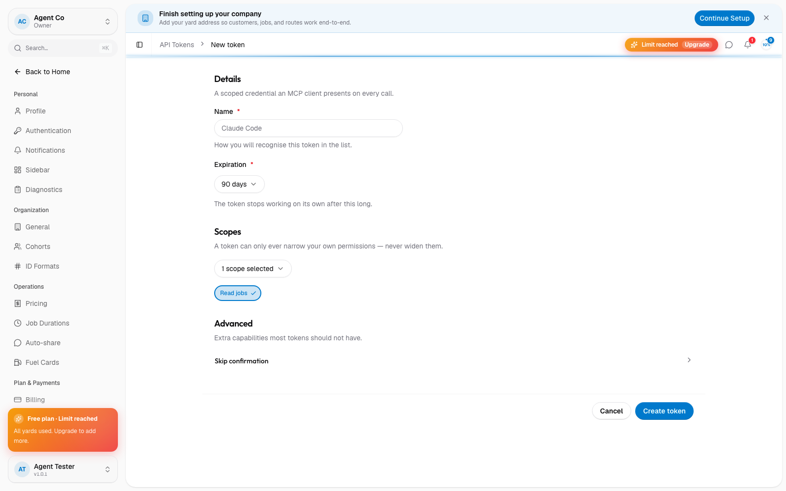 The Create token form with Name, Expiration, and Scopes fields