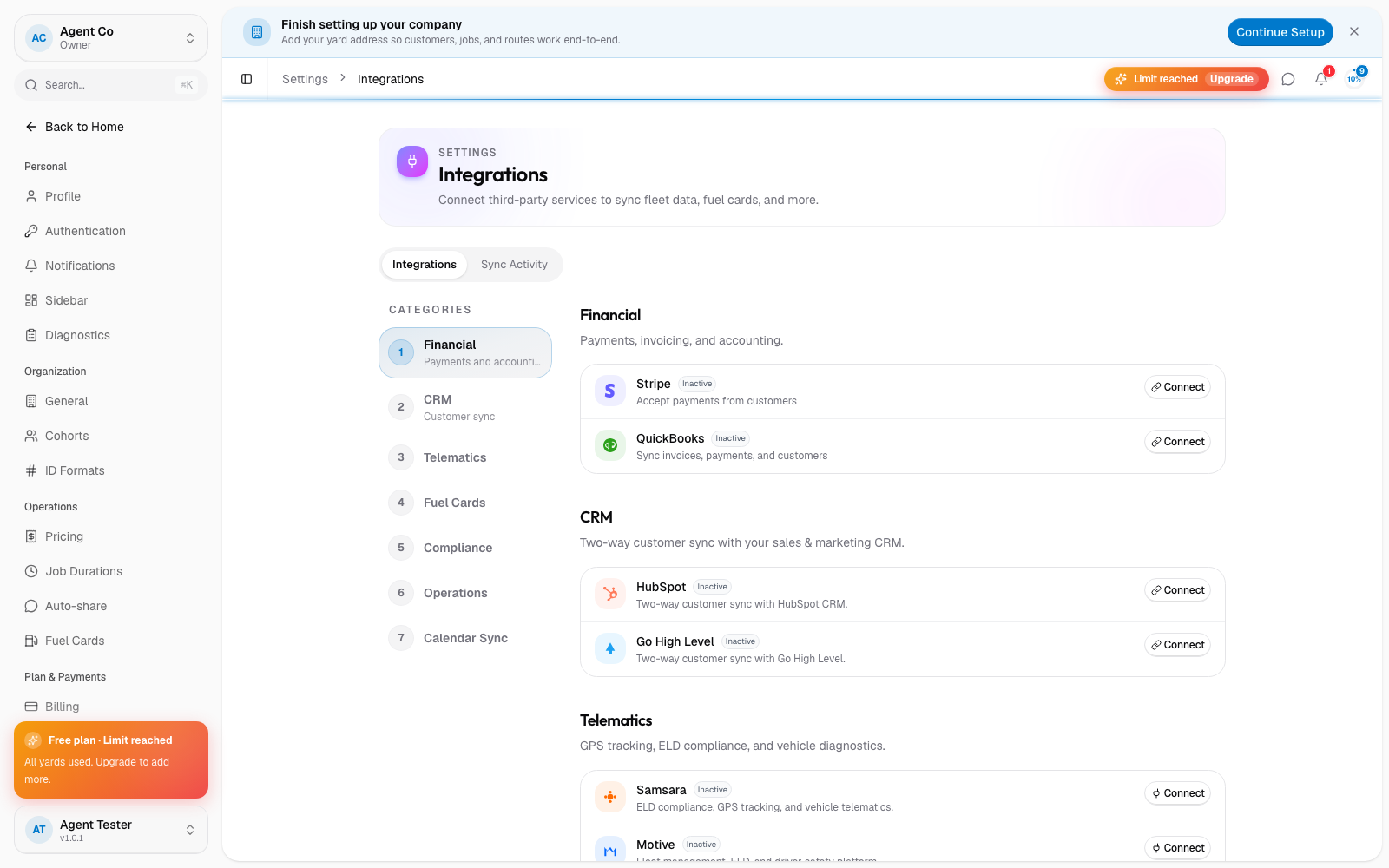 Settings → Integrations grouped by category: Financial, CRM, Telematics, Fuel cards, Compliance, Operations, and Calendar sync