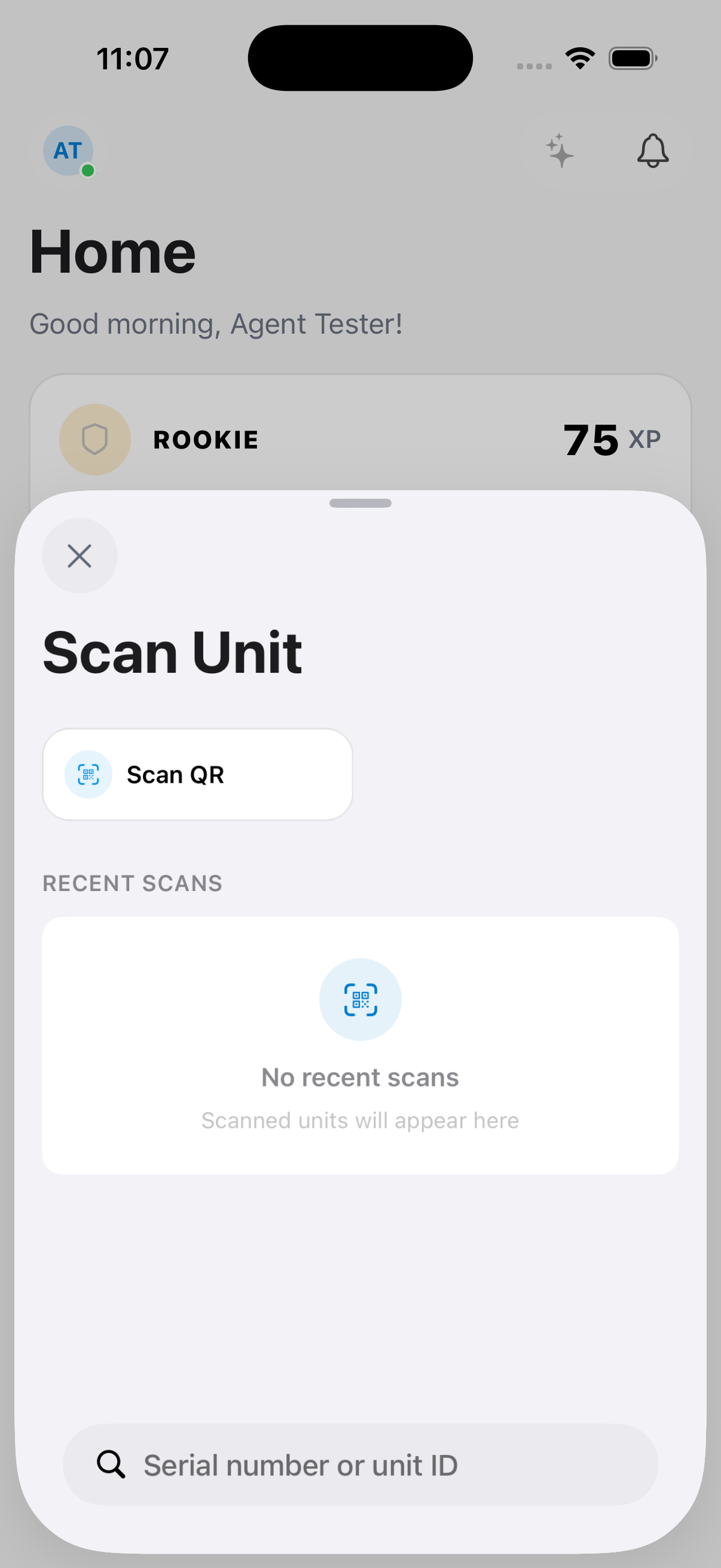 The Scan Unit screen has a Scan QR button and a Recent Scans list that starts empty