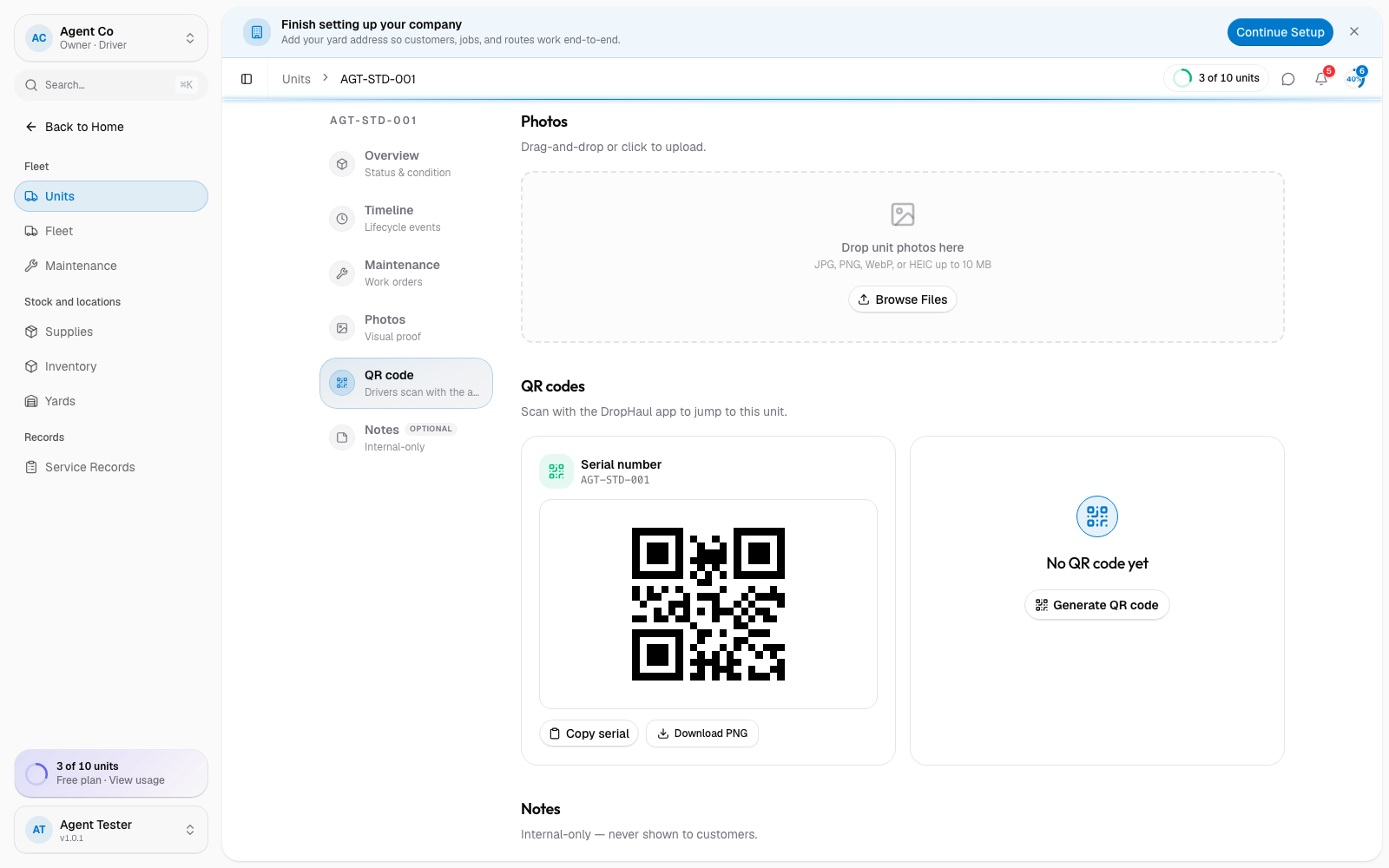 A unit detail page QR codes section with Download PNG and Generate QR code options